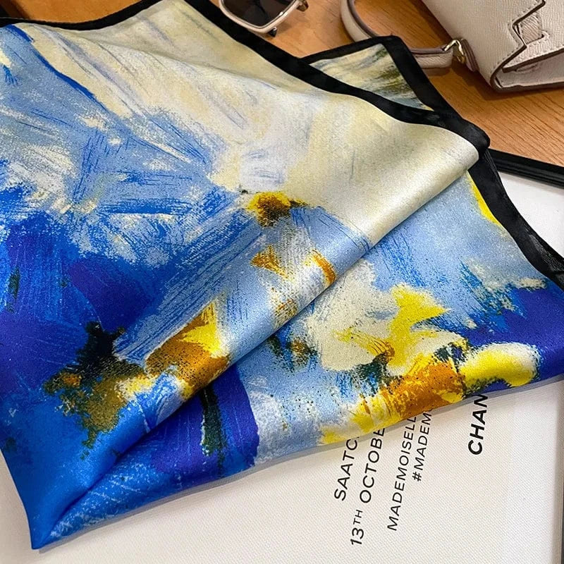 Carré 100% Soie foulard carré en soie bleu cobalt fleurs abstraites – motif impressionniste élégant 53x53cm