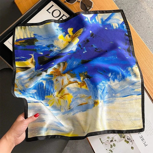 Carré 100% Soie foulard carré en soie bleu cobalt fleurs abstraites – motif impressionniste élégant 53x53cm