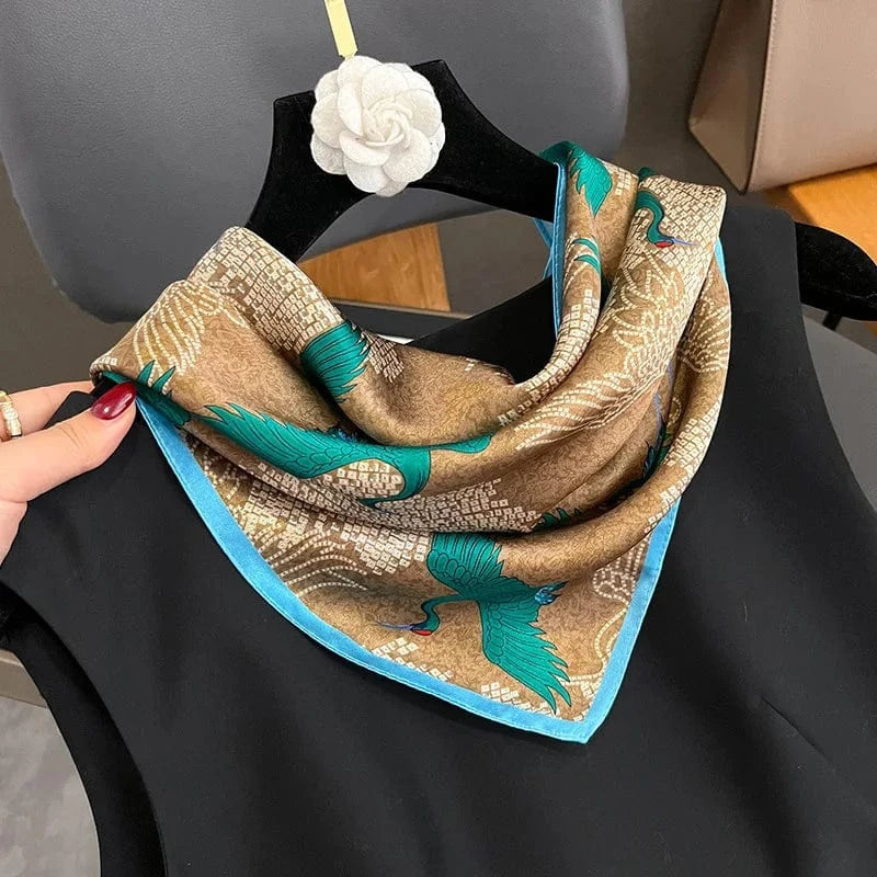 Carré 100% Soie - Foulard carré en soie et grues chinoiserie moderne 53x53cm