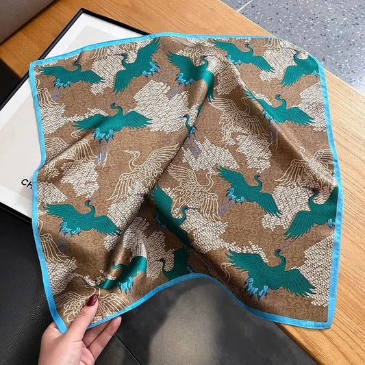 Carré 100% Soie - Foulard carré en soie et grues chinoiserie moderne 53x53cm