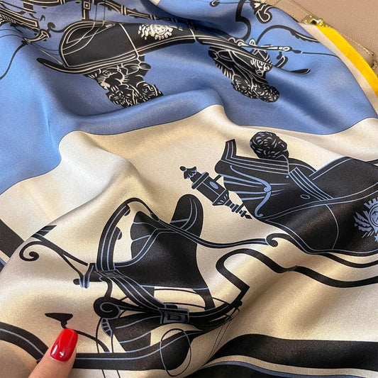 Carré 100% Soie Foulard Carré en Soie Motif Équestre Attelage - Élégance Vintage 70x70cm