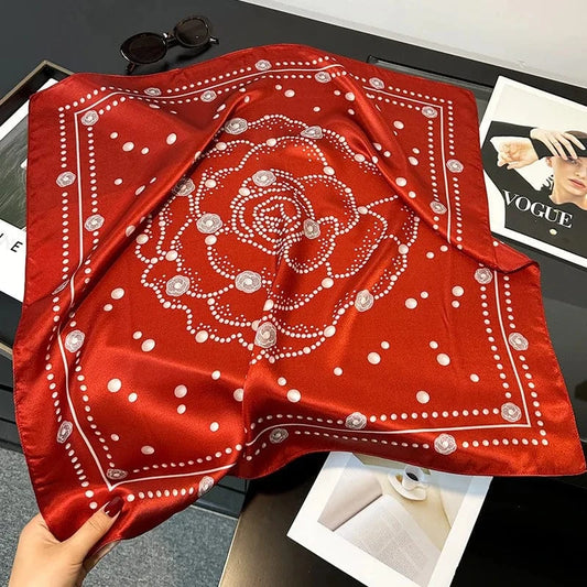 Carré 100% Soie Foulard Carré en Soie - Motif Mandala Rosace Rouge, Design Floral Géométrique avec Bordures Pointillées 70x70cm