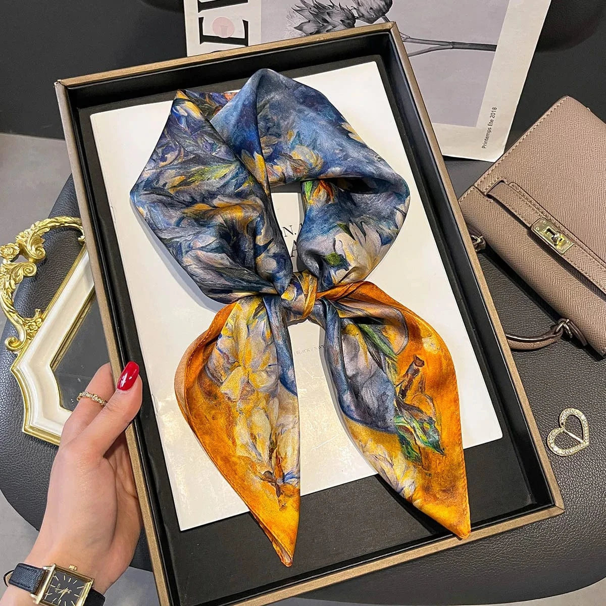 Carré 100% Soie Foulard Carré en Soie Premium - Peinture de Bouquet 70x70cm