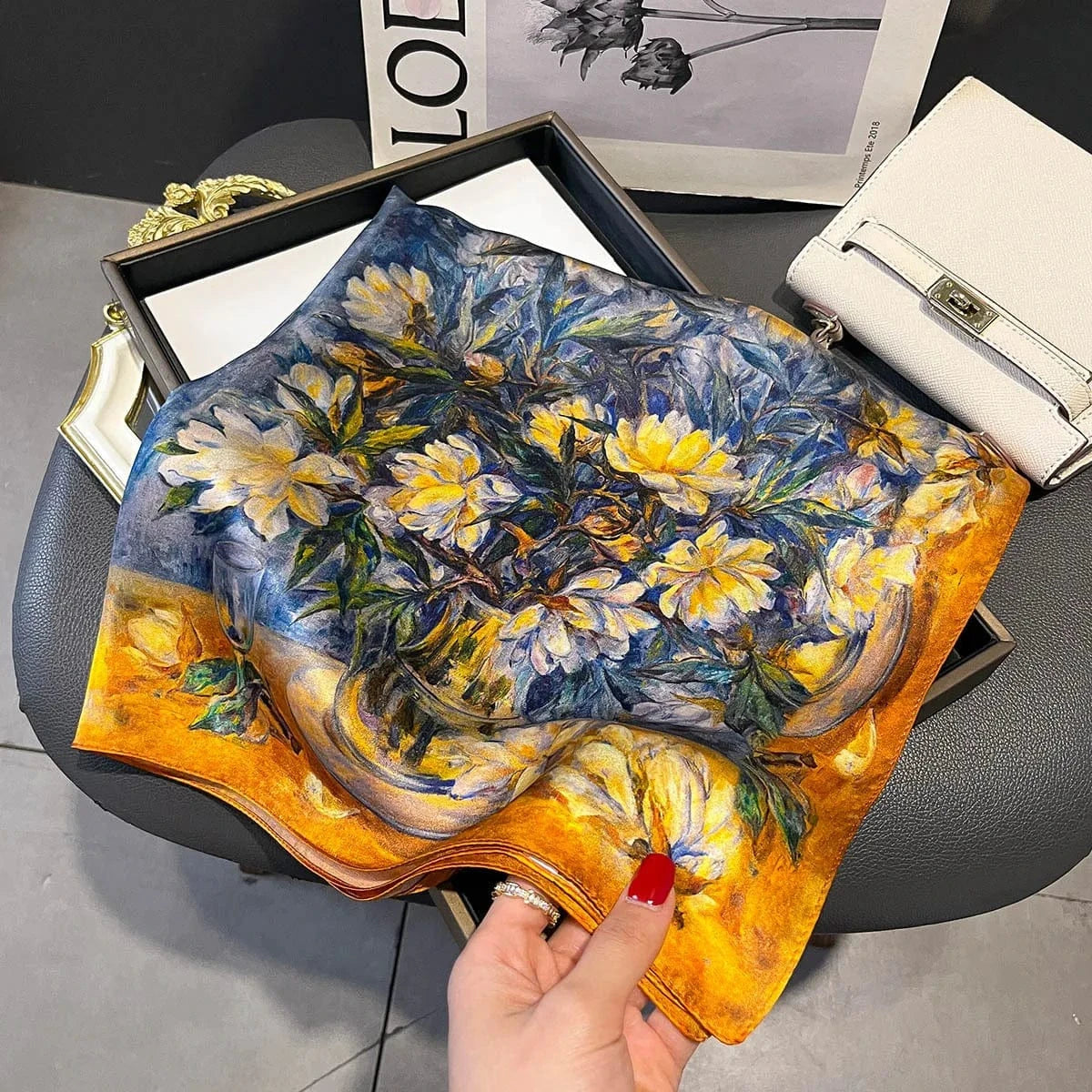 Carré 100% Soie Foulard Carré en Soie Premium - Peinture de Bouquet 70x70cm