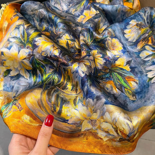 Carré 100% Soie Foulard Carré en Soie Premium - Peinture de Bouquet 70x70cm
