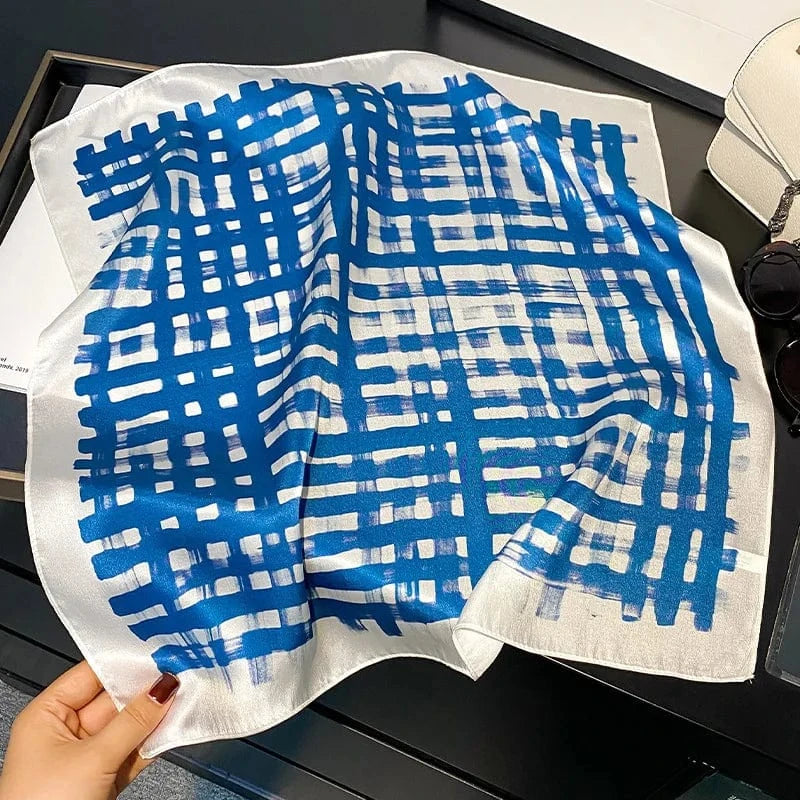 Carré 100% Soie - Foulard en Soie Imprimé Damier Bleu Cobalt 53x53cm