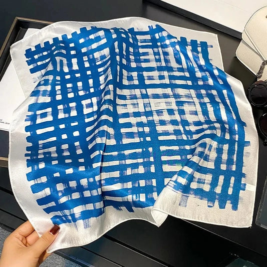 Carré 100% Soie - Foulard en Soie Imprimé Damier Bleu Cobalt 53x53cm