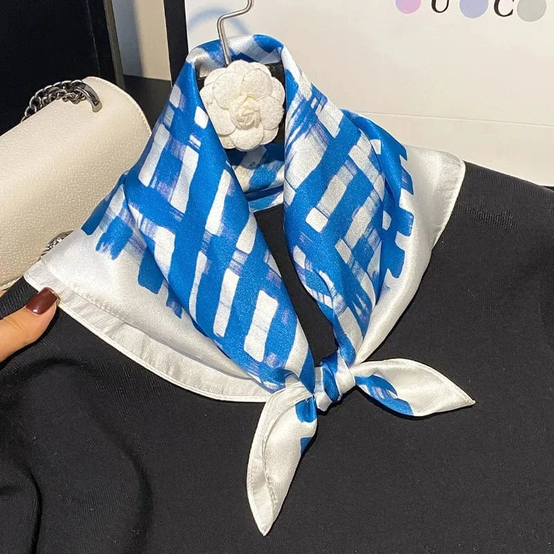 Carré 100% Soie - Foulard en Soie Imprimé Damier Bleu Cobalt 53x53cm