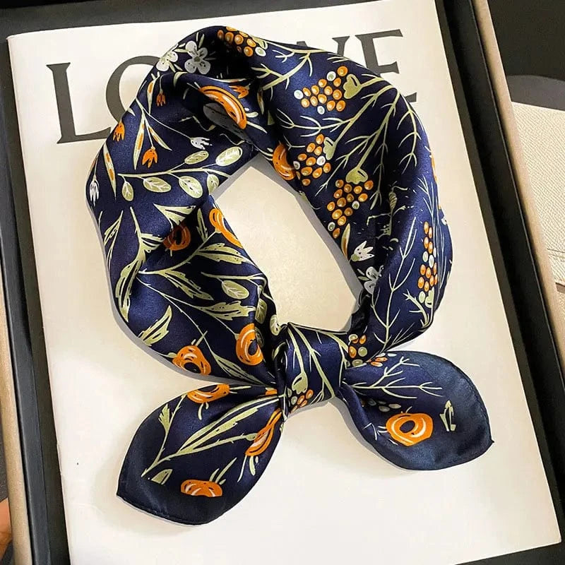 Carré 100% Soie - Foulard en Soie Motif Botanique Bleu Nuit 53x53cm