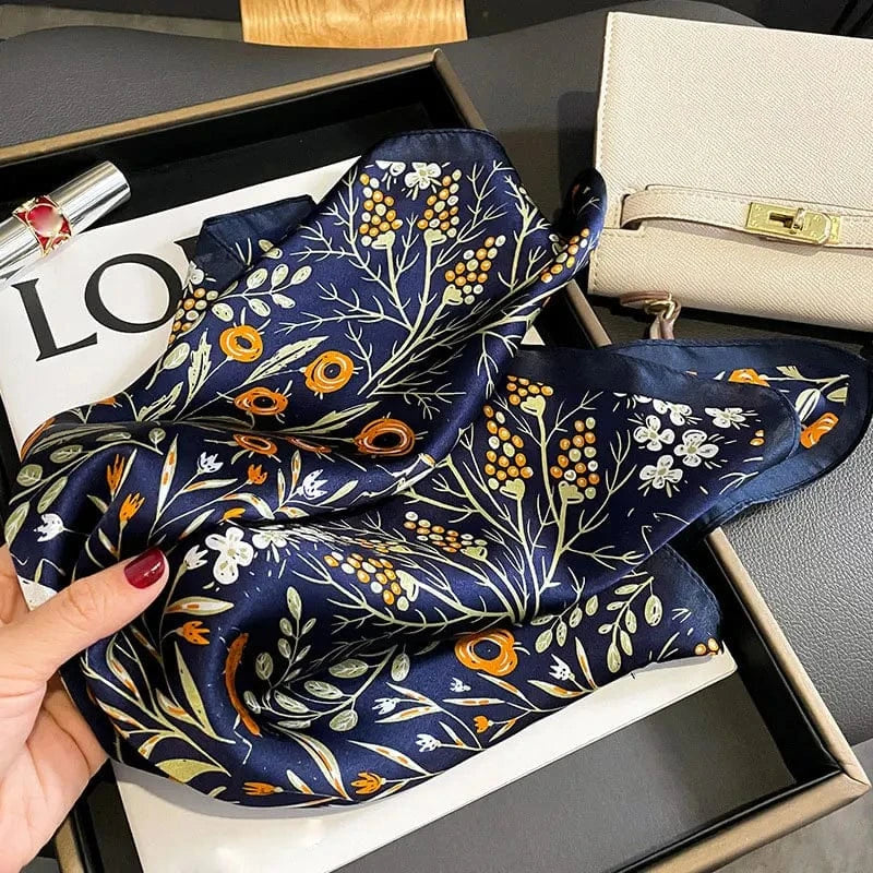 Carré 100% Soie - Foulard en Soie Motif Botanique Bleu Nuit 53x53cm