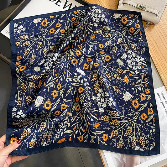 Carré 100% Soie - Foulard en Soie Motif Botanique Bleu Nuit 53x53cm