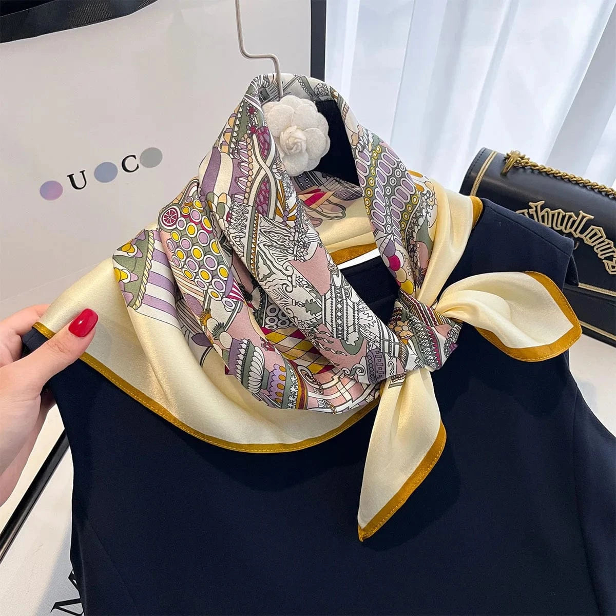 Carré 100% Soie Foulard imprimé floral luxueux – carré en soie chic et élégant 70x70cm