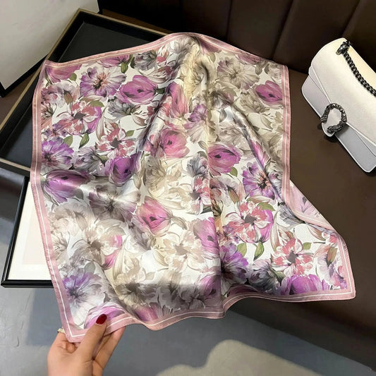 Carré 100% Soie Foulard Imprimé Florale Aquarelle Roses et Violettes 53x53cm