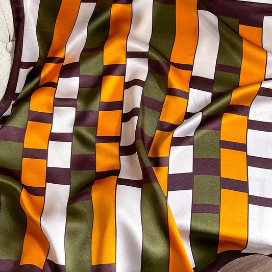 Carré 100% Soie Foulard Imprimé Géométrique Damier Orange Olive Blanc Violet 70x70cm