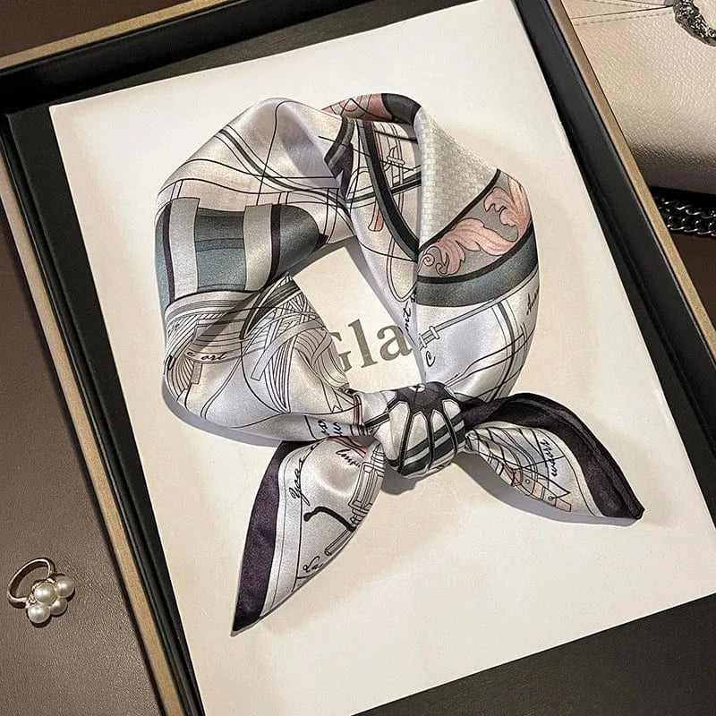 Carré 100% Soie - foulard imprimé plan technique, motif blueprint rétro