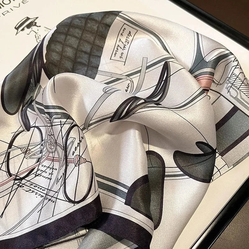 Carré 100% Soie - foulard imprimé plan technique, motif blueprint rétro