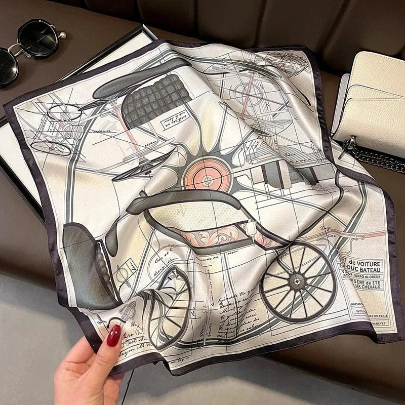 Carré 100% Soie - foulard imprimé plan technique, motif blueprint rétro