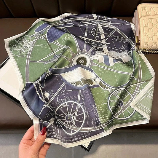 Carré 100% Soie - foulard imprimé plan technique, motif blueprint rétro Vert / 53x53cm