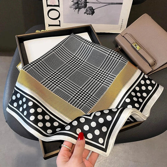 Carré 100% Soie Foulard noir et blanc tartan doré bordure pois blancs - carré de soie élégant 70x70cm