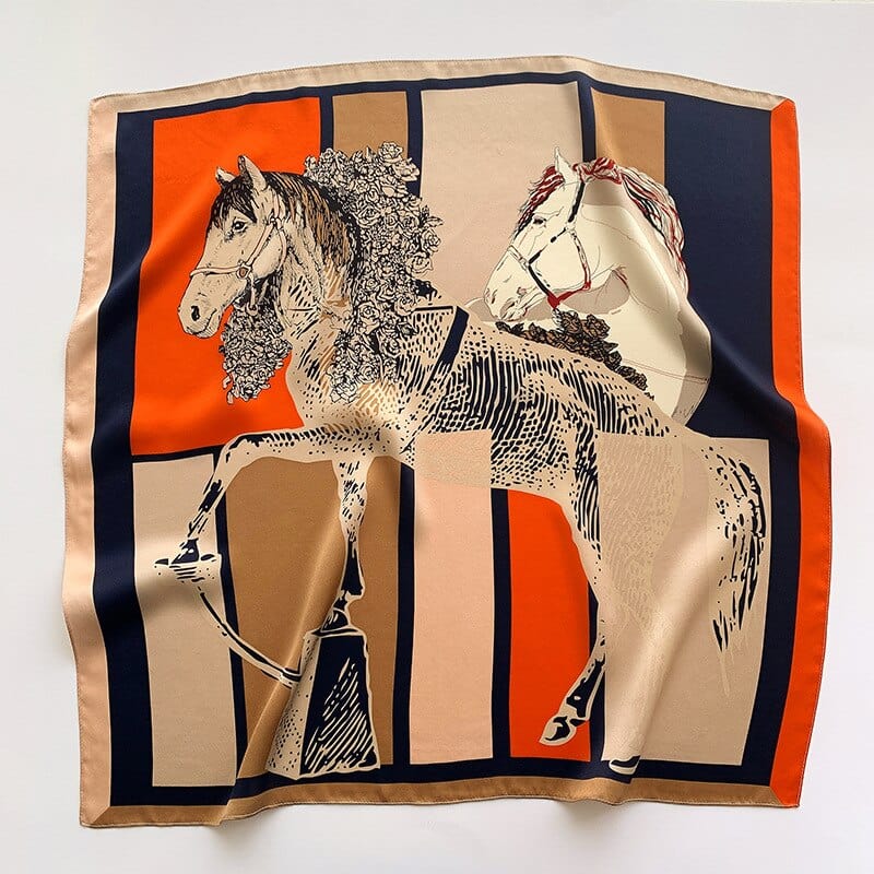 Carré 100% Soie Motif Chevaux Bleu Orange / 70X70CM