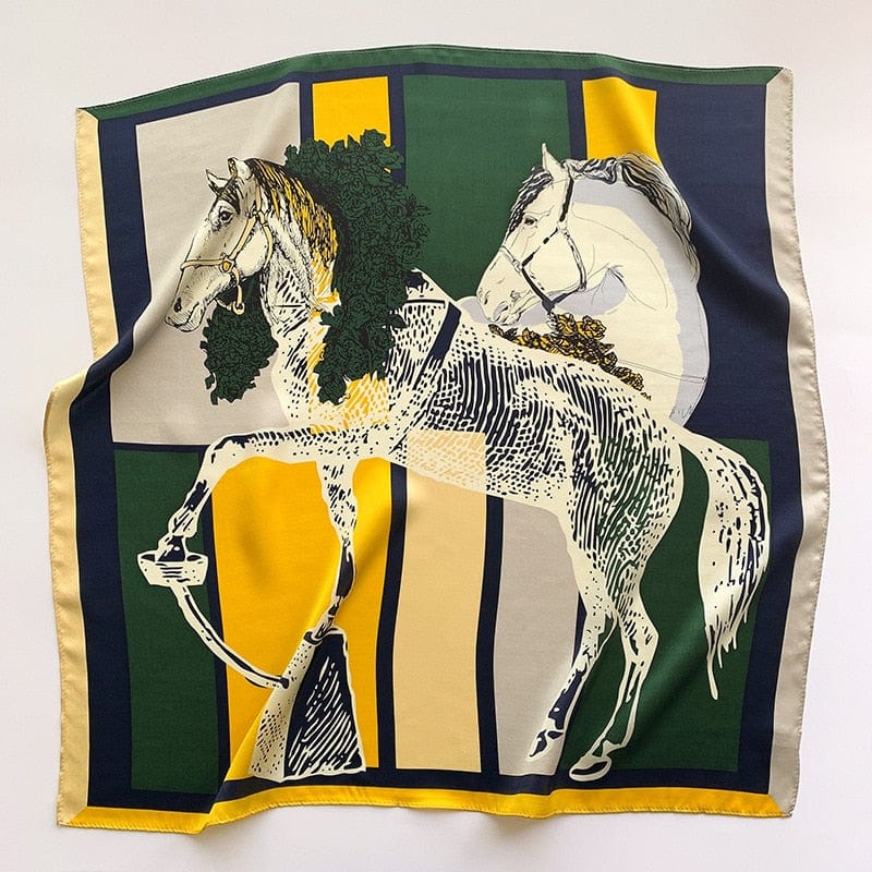 Carré 100% Soie Motif Chevaux Jaune Vert / 70X70CM
