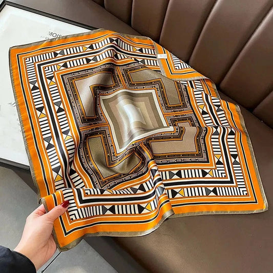 Carré 100% Soie Motif Géométrique Orange Noir Art Déco 53x53cm