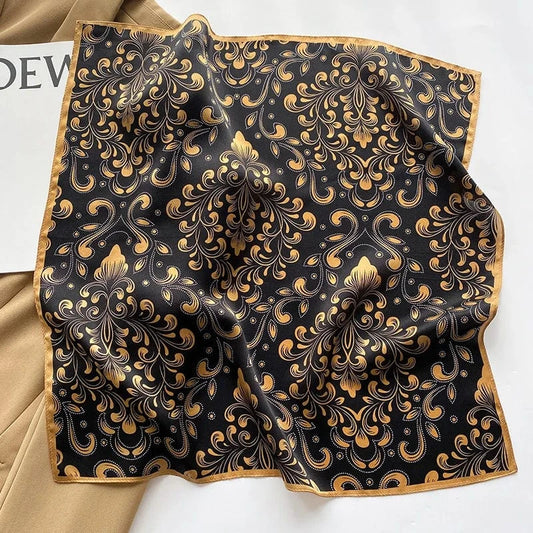 Carré 100% Soie Noir Doré Baroque – Foulard Damassé, Motifs Floraux Acanthe Or / 53x53cm