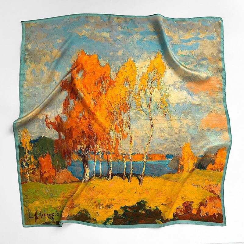 Carré 100% Soie Paysage Automne 70X70CM