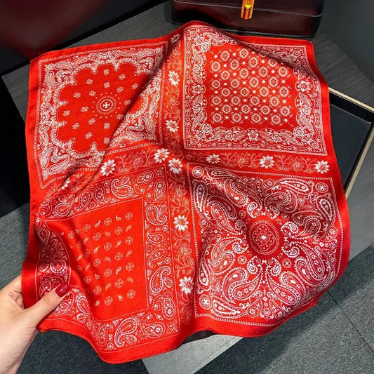Carré 100% Soie Rouge Patchwork Bandana - Motif Paisley et Damier Floral 53x53cm