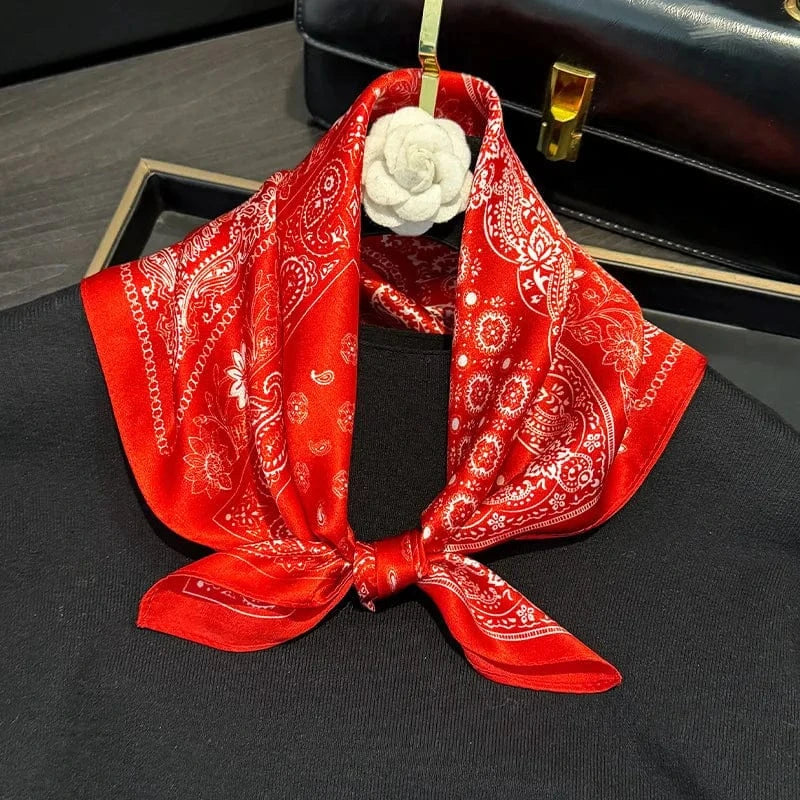 Carré 100% Soie Rouge Patchwork Bandana - Motif Paisley et Damier Floral 53x53cm
