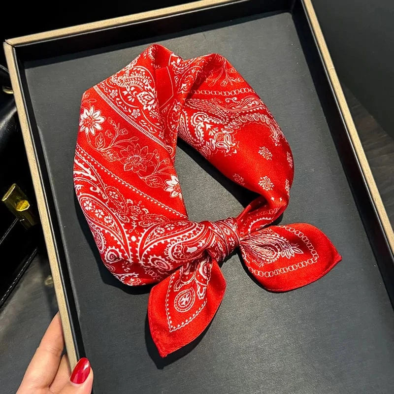 Carré 100% Soie Rouge Patchwork Bandana - Motif Paisley et Damier Floral 53x53cm