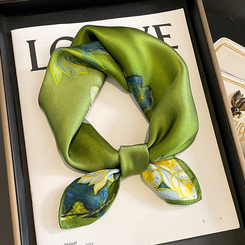 Carré 100% Soie Vert Décoration Pivoine 53x53cm
