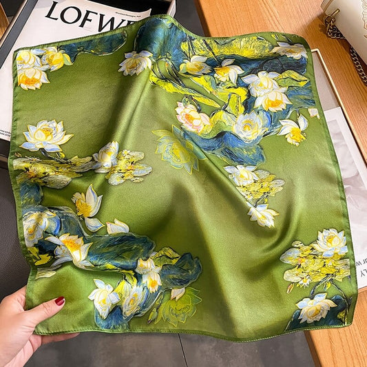 Carré 100% Soie Vert Décoration Pivoine 53x53cm