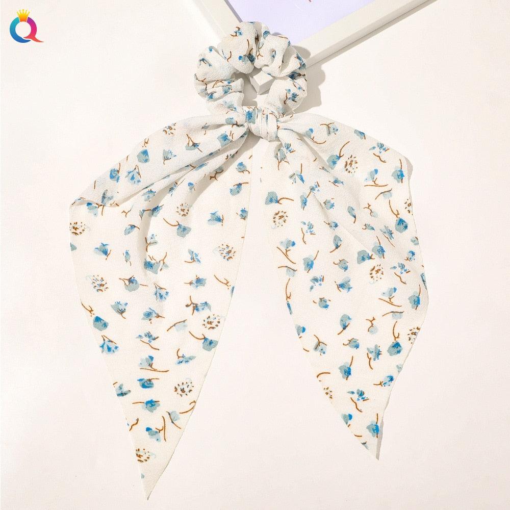 Chouchou Foulard Fleuri - Blanc ou Bleu Blanc