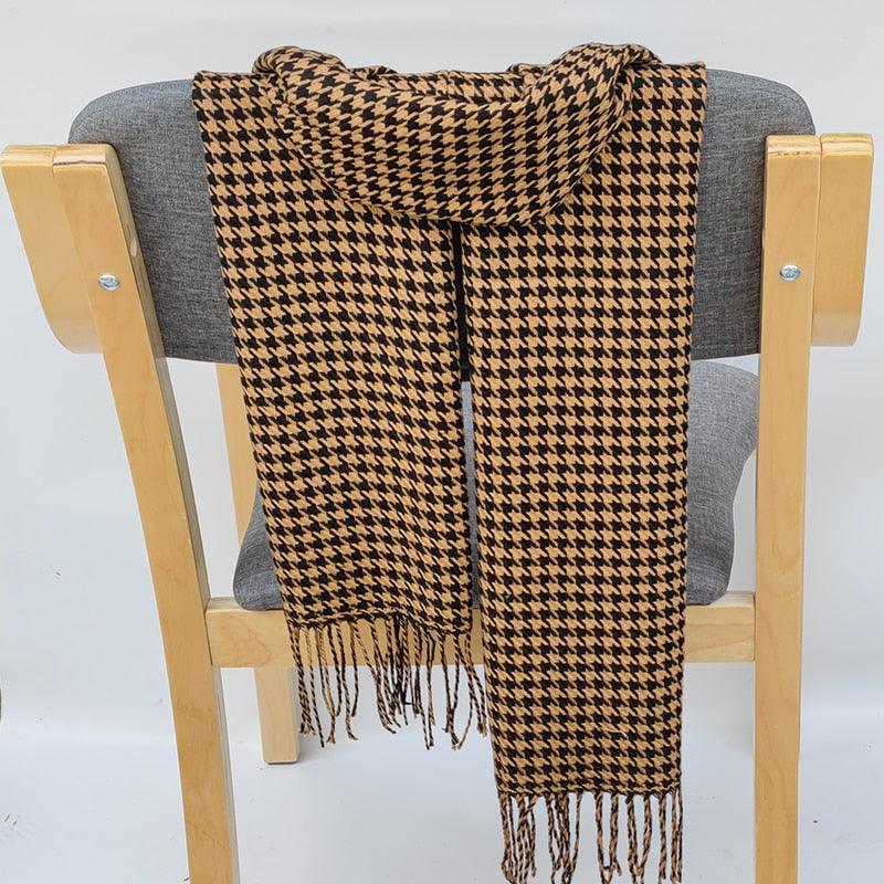 Écharpe en cachemire avec motifs pied de poule de luxe Beige