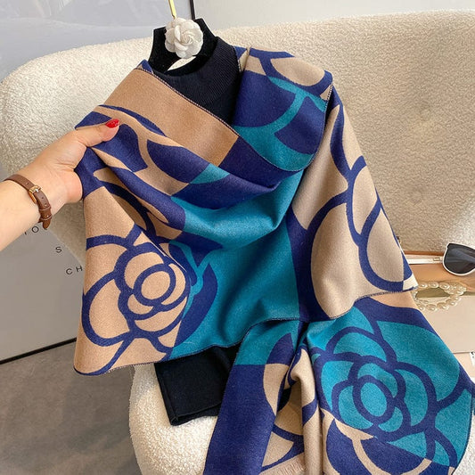 Écharpe en cachemire doux et chaud - Ton Floral Bleu