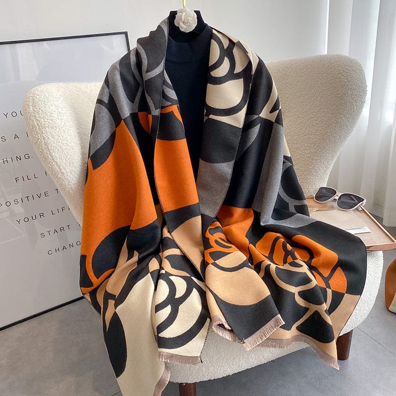 Écharpe en cachemire doux et chaud - Ton Floral Orange