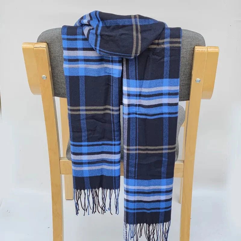 Écharpe en cachemire motif à carreaux et bande Bleu