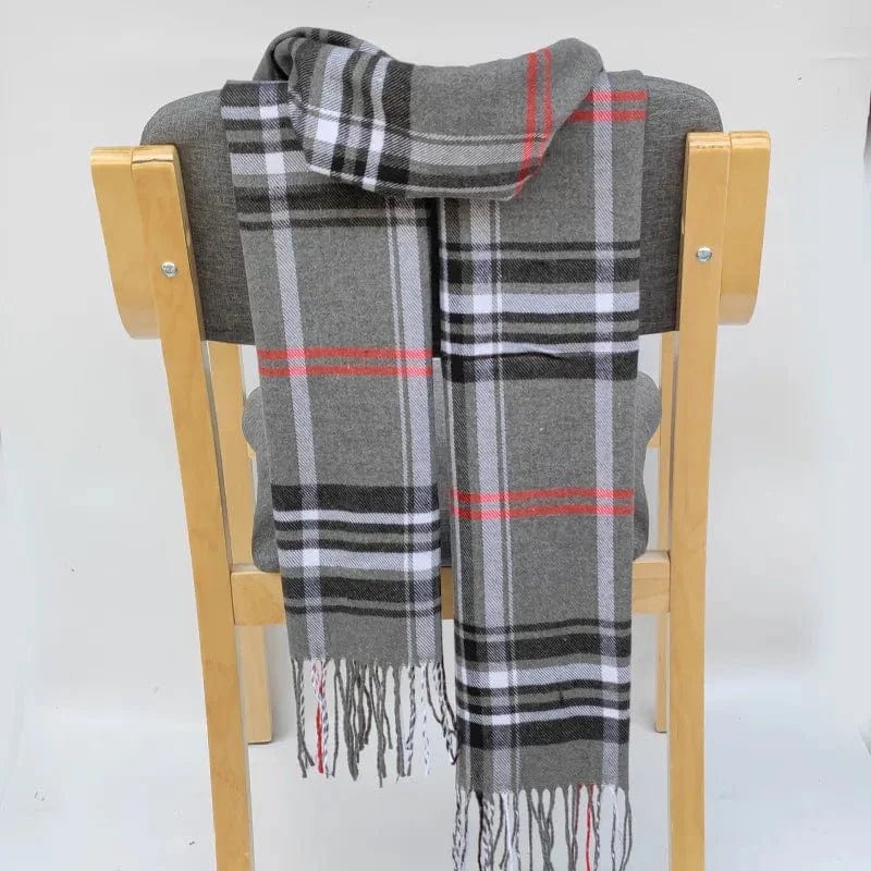 Écharpe en cachemire motif à carreaux et bande Gris