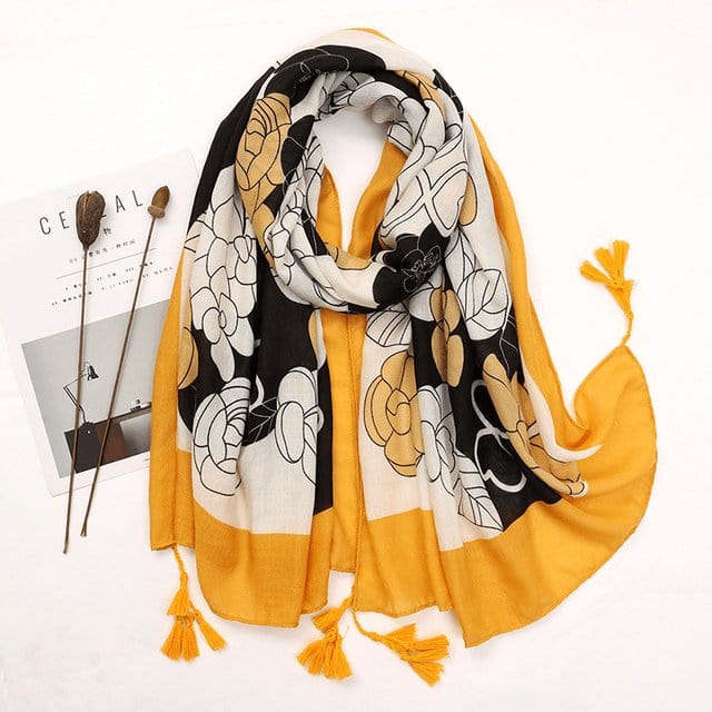 Écharpe en coton florale noire ou jaune Jaune