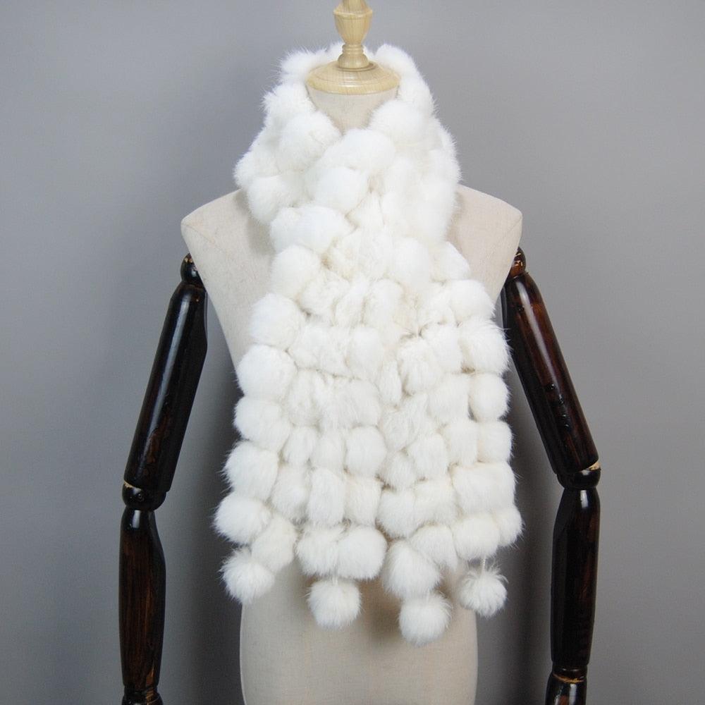 Écharpe en fourrure de lapin avec pompons - Collection Exclusif Uni Blanc