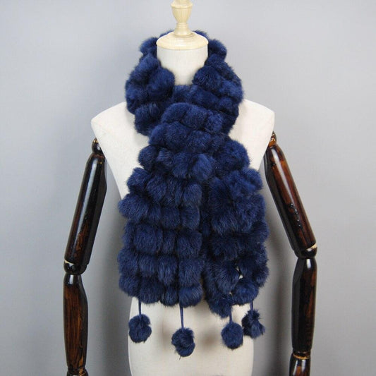 Écharpe en fourrure de lapin avec pompons - Collection Exclusif Uni Bleu Foncé