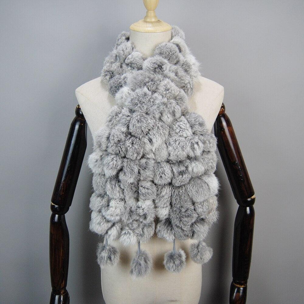 Écharpe en fourrure de lapin avec pompons - Collection Exclusif Uni Gris