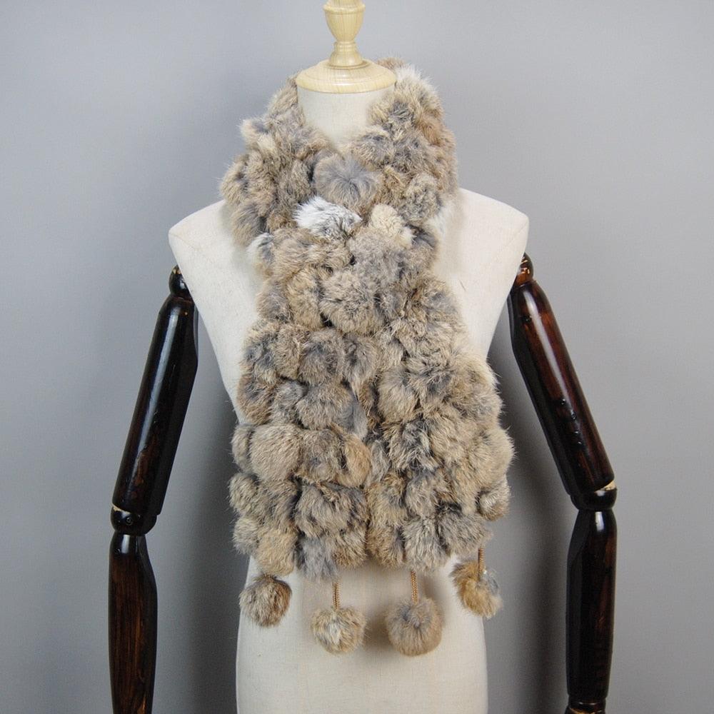 Écharpe en fourrure de lapin avec pompons - Collection Exclusif Uni Marron Clair