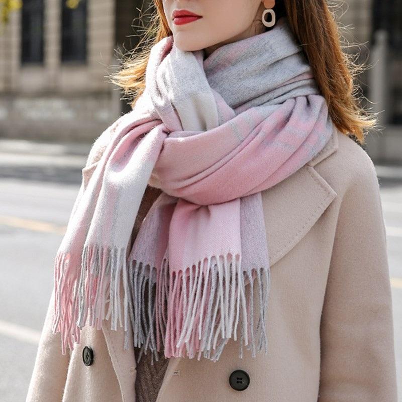 Écharpe en laine à carreaux de Luxe Rose et Gris