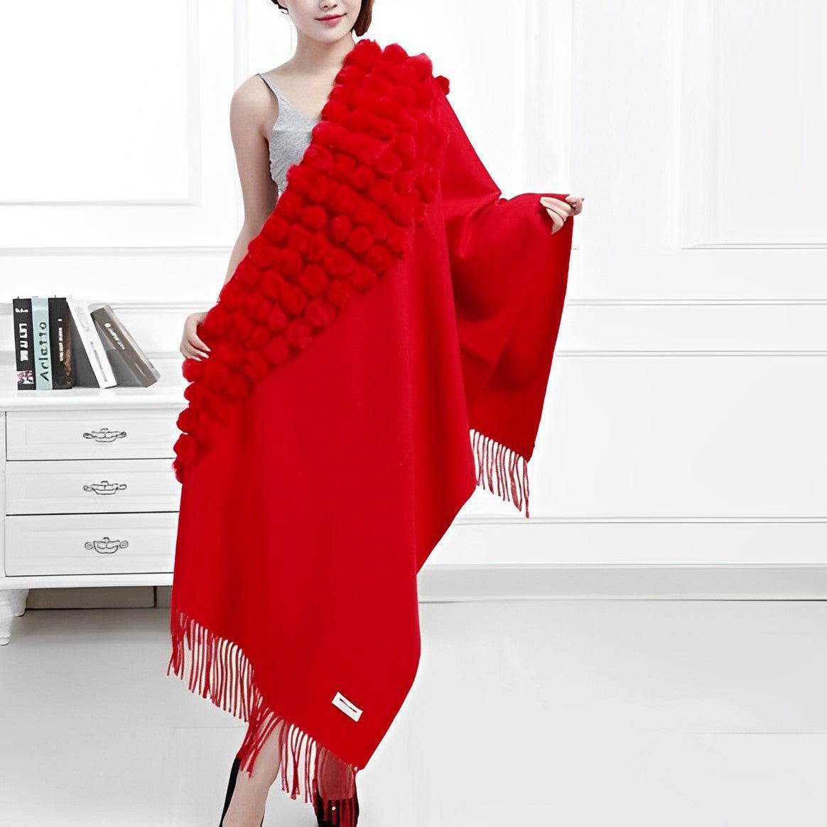 Écharpe en laine avec pompon en fourrure - Collection Luxe