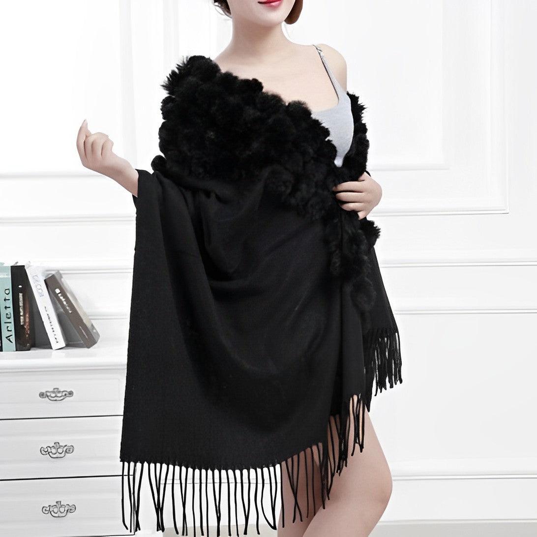 Écharpe en laine avec pompon en fourrure - Collection Luxe Noir