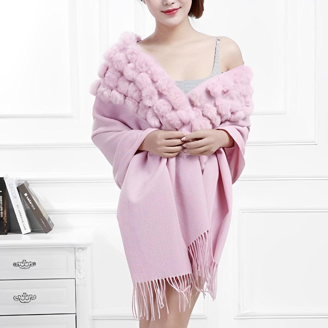 Écharpe en laine avec pompon en fourrure - Collection Luxe Rose