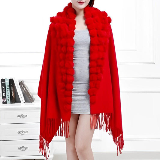 Écharpe en laine avec pompon en fourrure - Collection Luxe Rouge