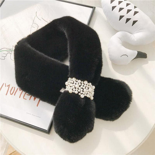 Écharpe Lapin Fausse Fourrure Croisée avec Boucle Noir